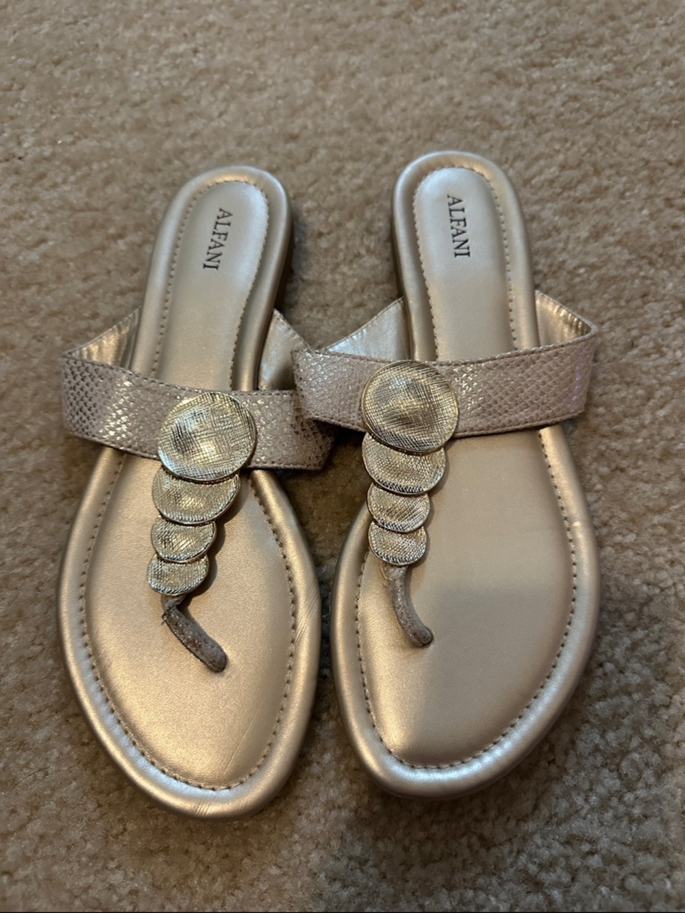 Alfani Metallic Gold Thong Sandals with Textured Disc Accents